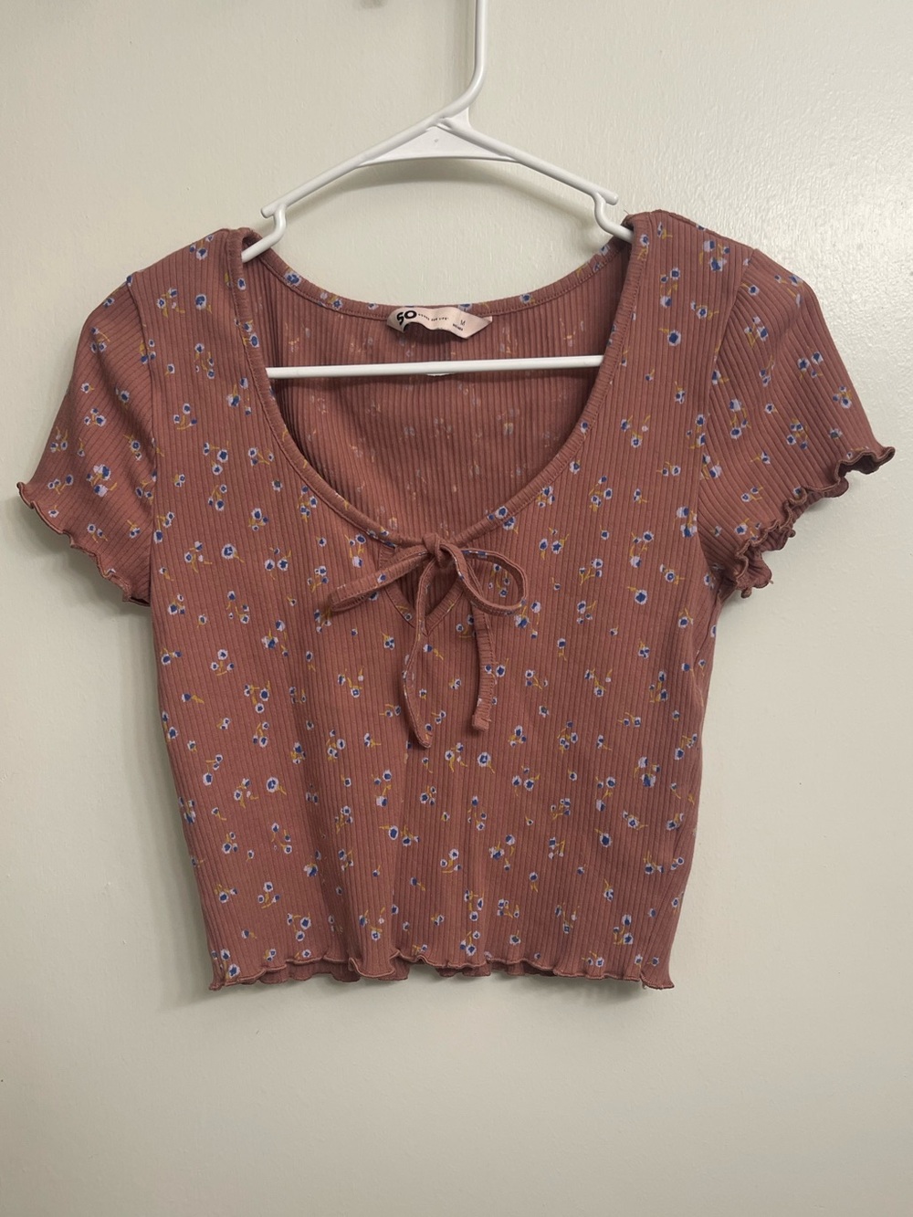 Tie-Front Floral Ribbed Crop Top - Pink